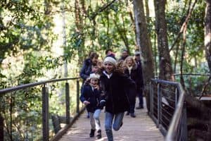 family with kids running on forest walkway