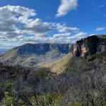 Blue Mountains cliffs with valleys from a lookout overlooking green valleys with a blue sky dotted with white couds